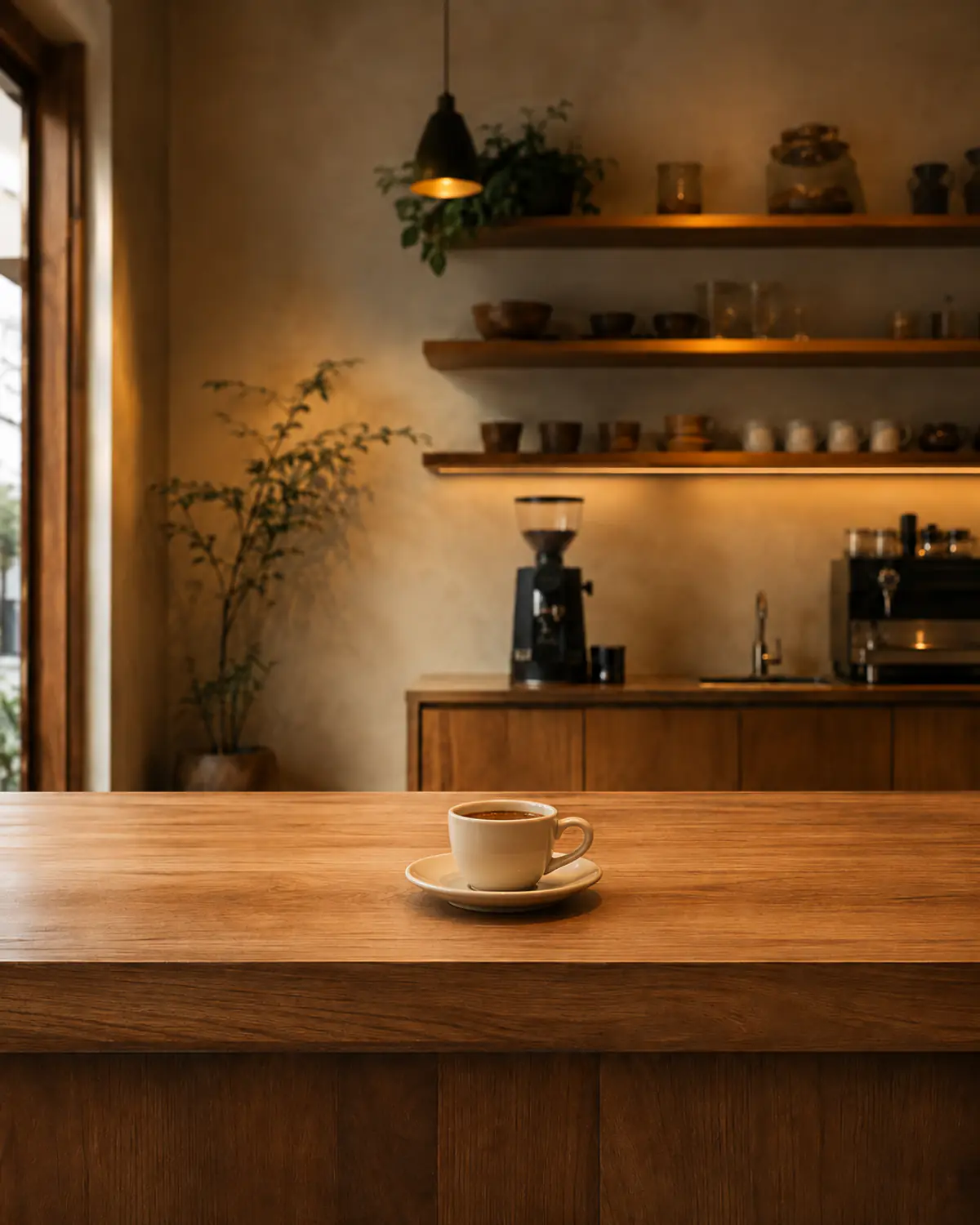 Secawan kecil espresso gelap di atas kaunter kayu Teduh